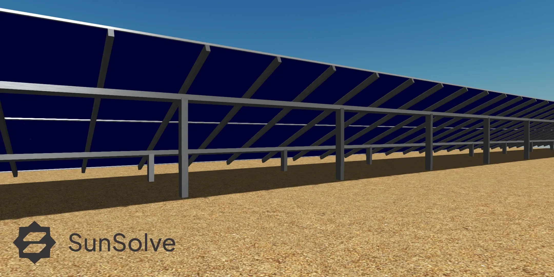 Figure 1 – SunSolve screenshot of a fixed-tilt PV system showing rear-side mounting structure including posts, rafters, and purlins.