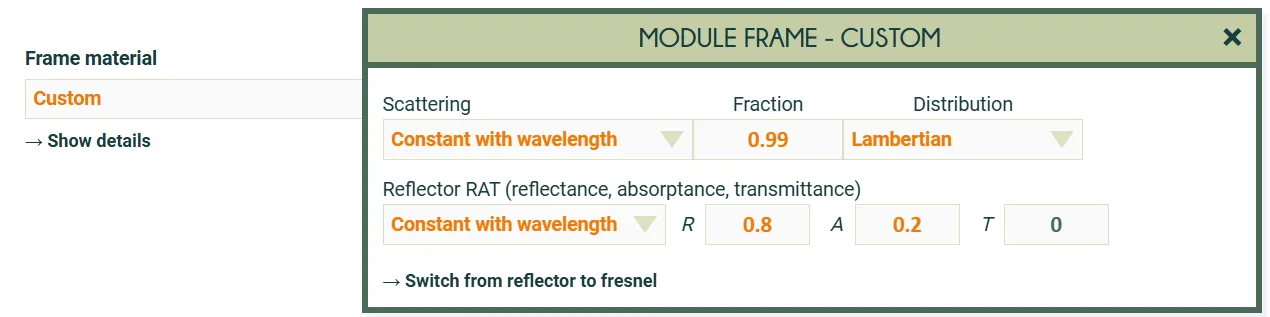 Screenshot of the inputs used to define a custom optical interface for the frame