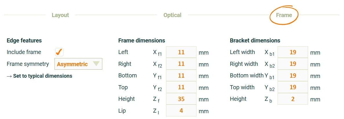 Asymmetric frame inputs showing independent dimensions for Left (X_f1=11mm), Right (X_f2=11mm), Bottom (Y_f1=11mm),
and Top (Y_f2=11mm).