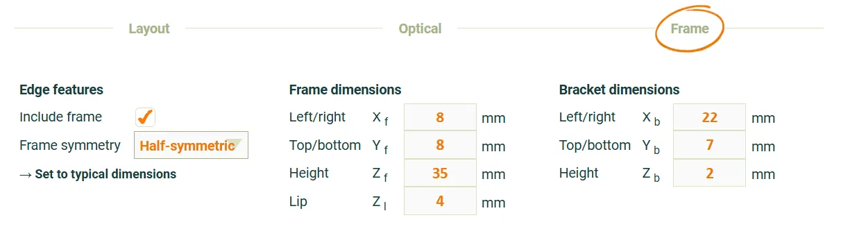 Half-symmetric frame inputs showing separate Left/right (X_f=8mm) and Top/bottom (Y_f=8mm)
dimensions.