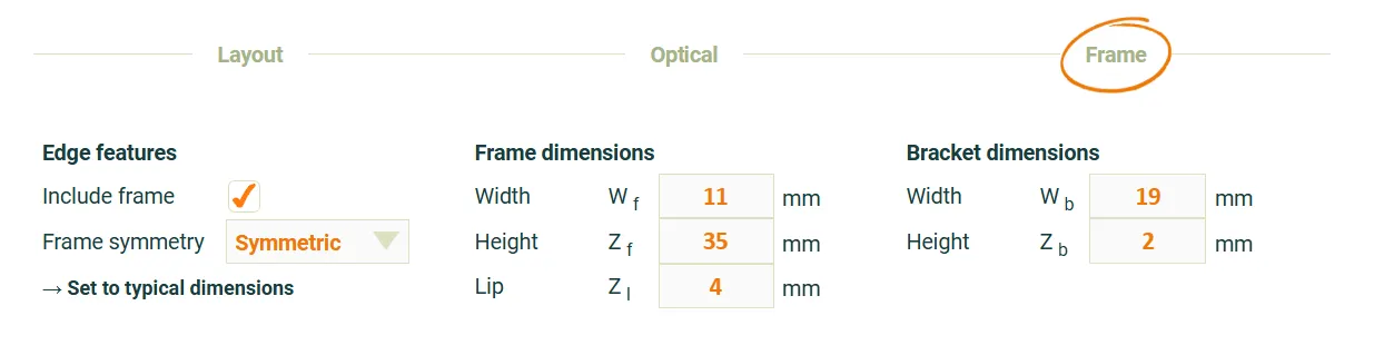Symmetric frame inputs showing Width (W_f=11mm), Height (Z_f=35mm), Lip (Z_l=4mm), and bracket dimensions (W_b=19mm,
Z_b=2mm).
