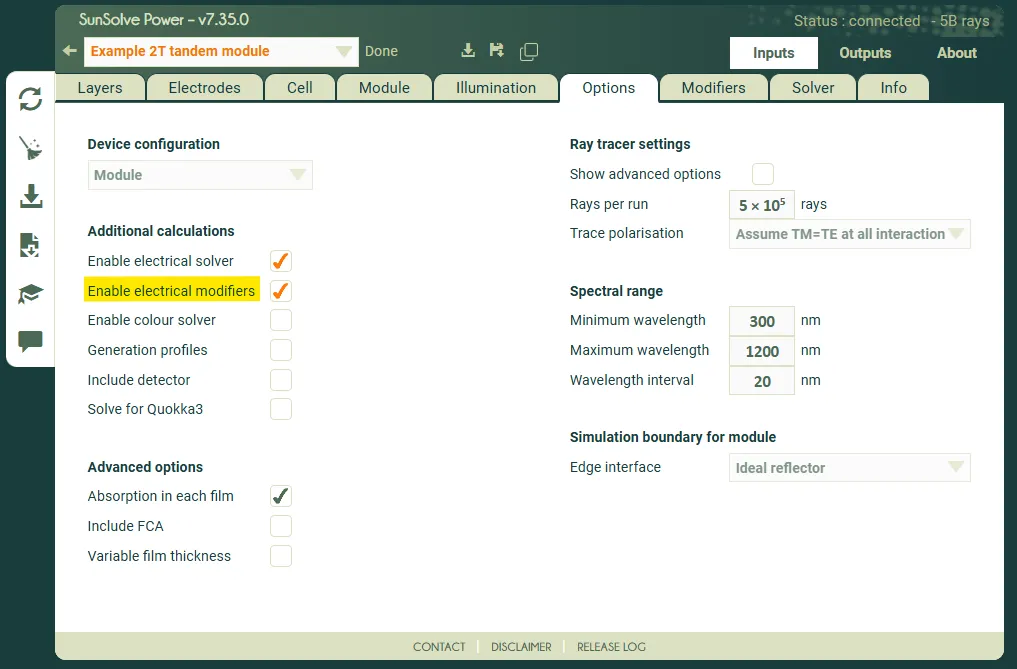 Screenshot of SunSolve Power Options tab where the option to enable Modifiers is shown